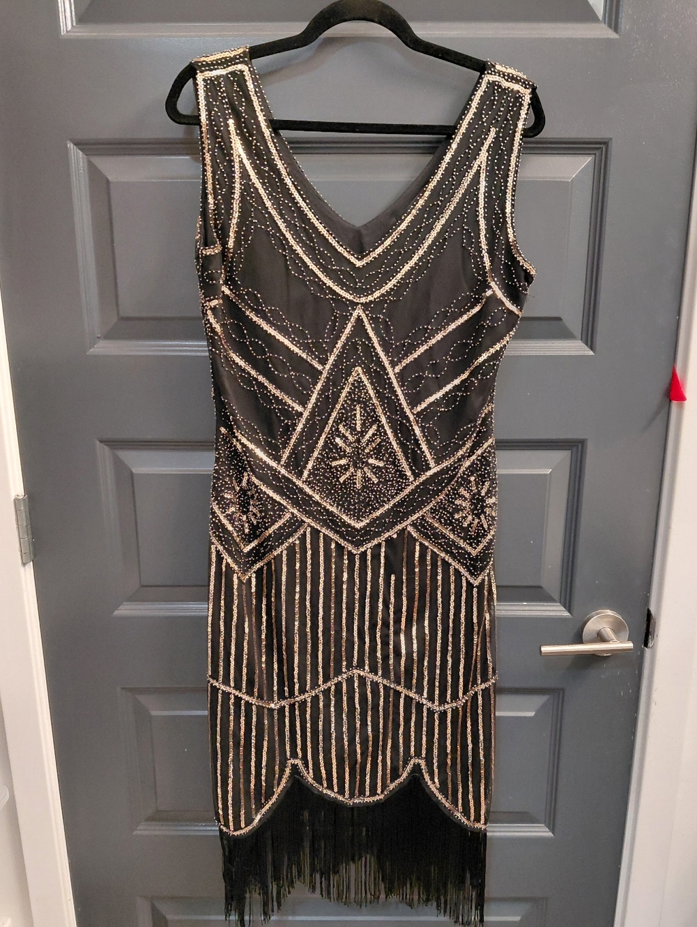 Sleeveless Black Midi Dress with Gold Beaded Art Deco Detail